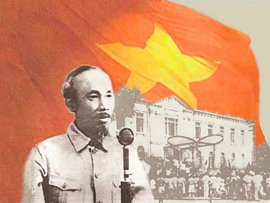The image depicts a historical figure, likely Ho Chi Minh, holding a megaphone in front of a building, with a prominent red star flag in the background and a crowd of people in the foreground.AI-generated content may be incorrect.